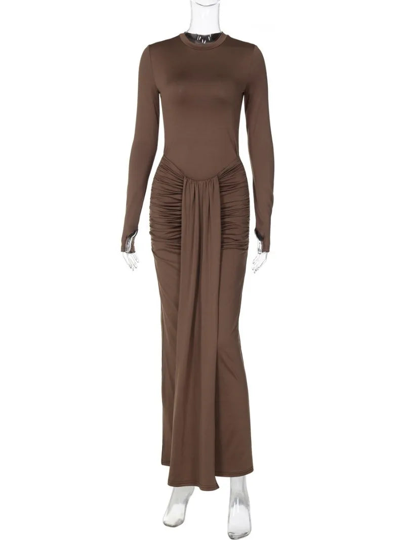 Maxy Fashion Woman Full Sleeve Bodycon Folds Long Maxy Dress Evening Party Outfit Office Lady Elegant Bandage Formal Occasion Dresses