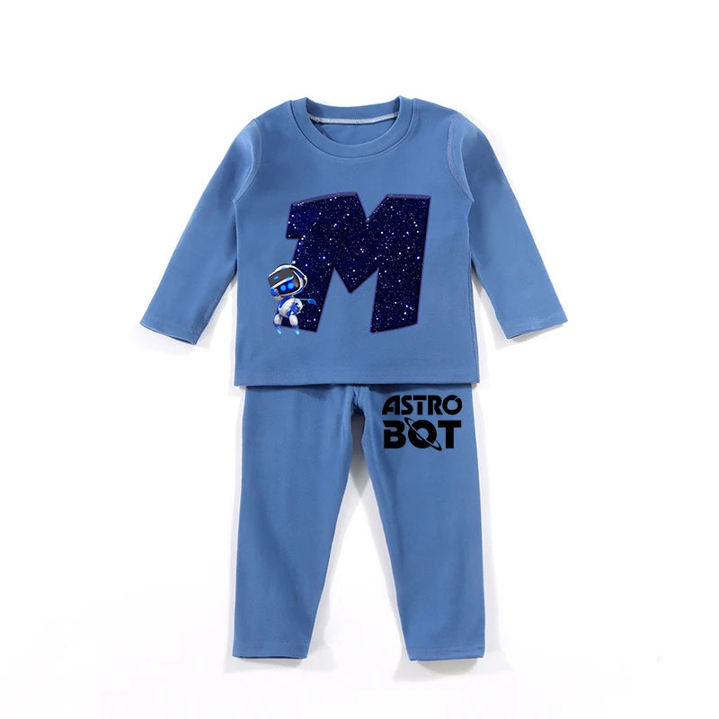 Maxy Astro Bot Kids Pajamas Set Anime Printed Letter Autumn Winter Warm Shirt Tops Boys Girls Children Clothing Nightshirt Gift