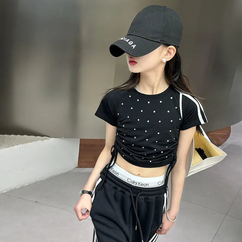 Maxy Girl's Fashion Set Black Hot Diamond T-shirt + Side Striped Pants Korean High Summer Set Kids Two Piece Suit Princess Clothing