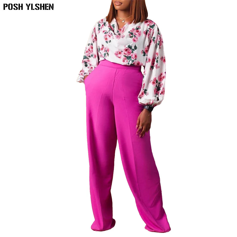 Maxy Two Piece Set Women Tracksuit Summer Fall Clothes African Dresses for Women Casual Party Print Tops Wide Leg Pants Suits Outfits