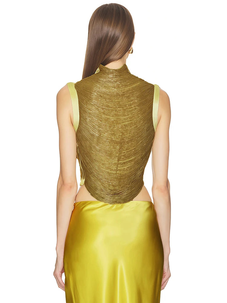 2026 Yellow Two-Piece Evening Gown for Women High Neck Gold Textured Crop Top & Bandage Maxi Skirt Wedding Guest Prom Dress