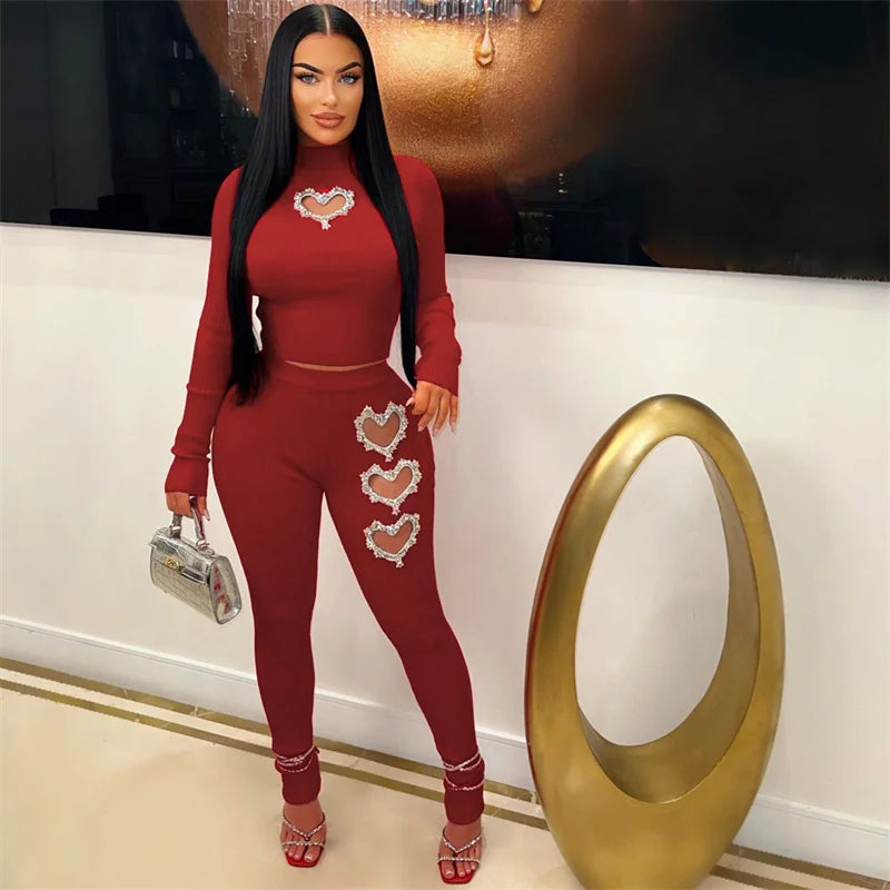 Amay Diamonds Loving Heart Hollow Out 2 Piece Sets Women Outfit Clubwear Knitted Fabric Skinny Top and Pants Suit Matching Sets