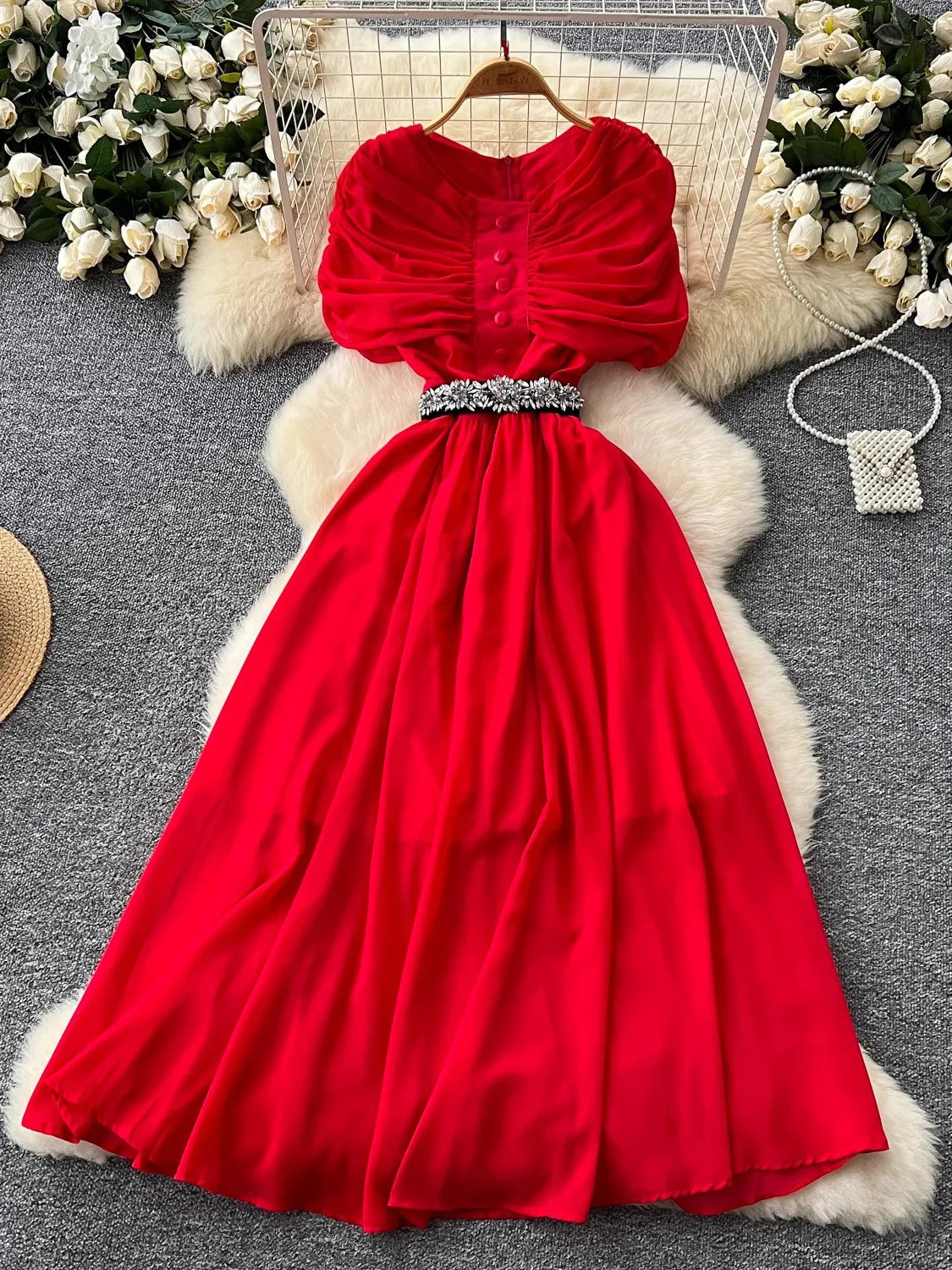 Maxy Spring Summer Women Red/Purple/Green Draped Chiffon Long Dress Vintage Round Neck High Waist A-Line Female Robe New