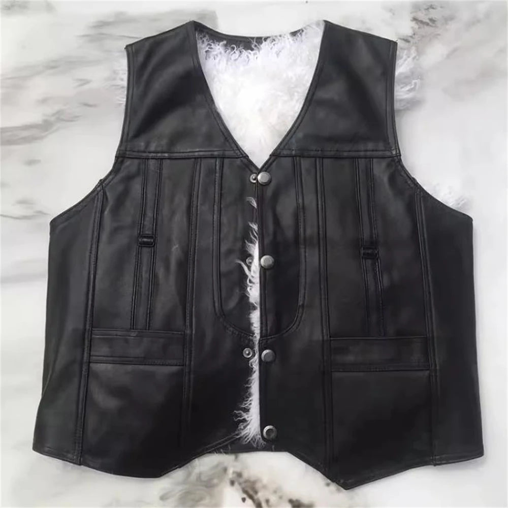 Visco Men's V-Neck Black Single Breasted Thick Fur Vest 100% Sheepskin Fur Vest Warm Autumn Winter Hot Sale