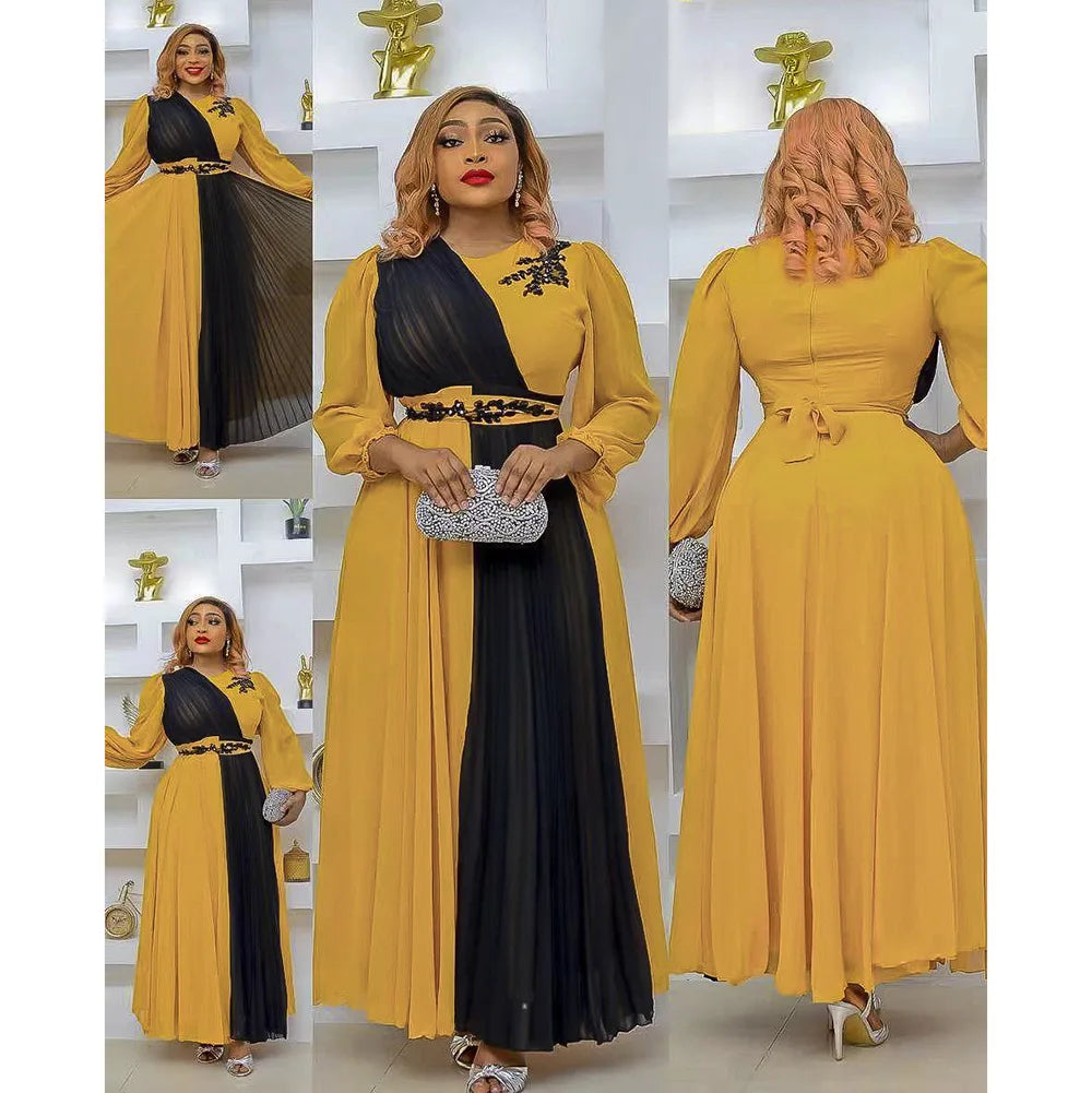 Amay Plus Loose Fitting Women's Patchwork Round Neck Long Sleeved Socialite High Waisted Dress Leisurely Vacation Robe