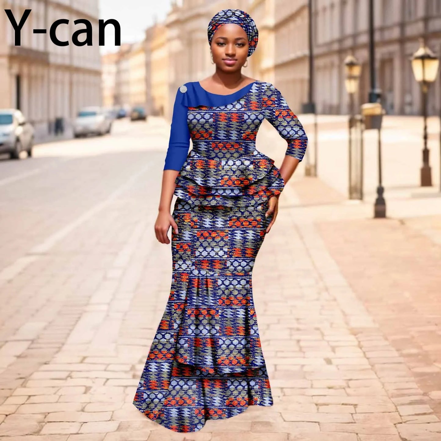 Maxy New African Dresses for Women Dashiki Print Patchwork Top and Mermaid Skirt Match Turban Traditional Wedding Party Dress 2526004