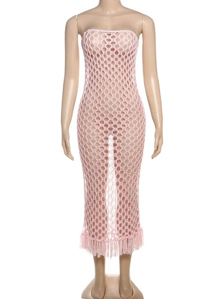 Maxy Joskar Women Summer Beach Style 2 Piece Set Sexy Knit Strapless Tassel Hem Dress+Bodysuit Matching Vacation Clubwear