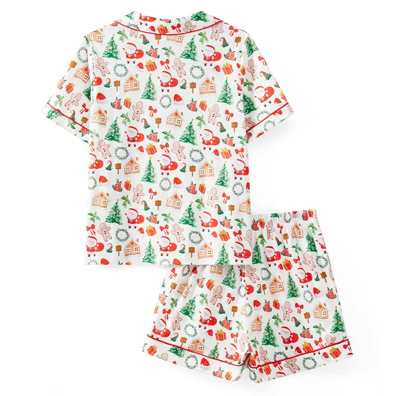 Family Matching Christmas Pajama Set Gingerbread Print Short Sleeve Tops Elastic Waist Shorts