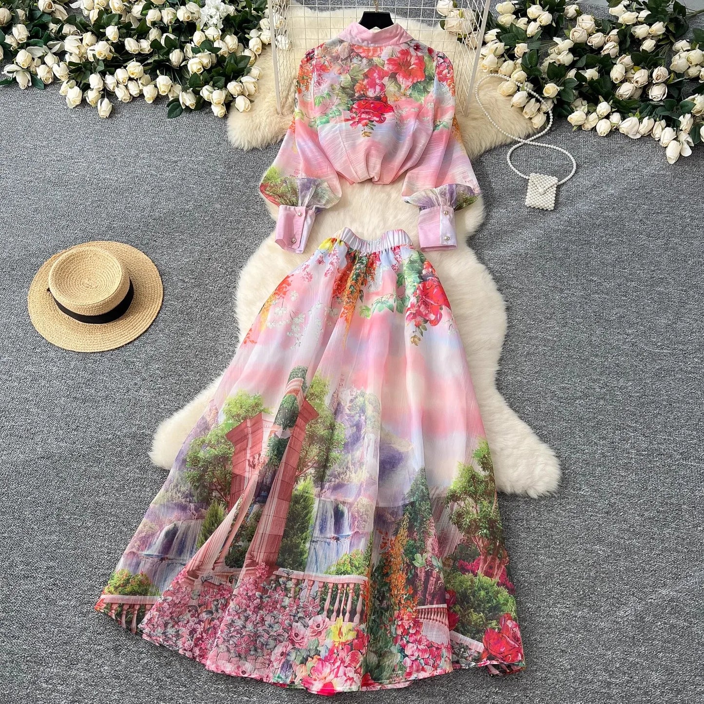 Maxy High Quality Women Summer Boho Floral Print Skirt Set Long Sleeve Blouse Top+High Waist Pleated Maxi Skirt Two Piece Suits