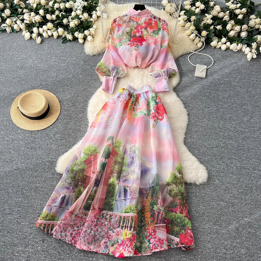 Maxy High Quality Women Summer Boho Floral Print Skirt Set Long Sleeve Blouse Top+High Waist Pleated Maxi Skirt Two Piece Suits