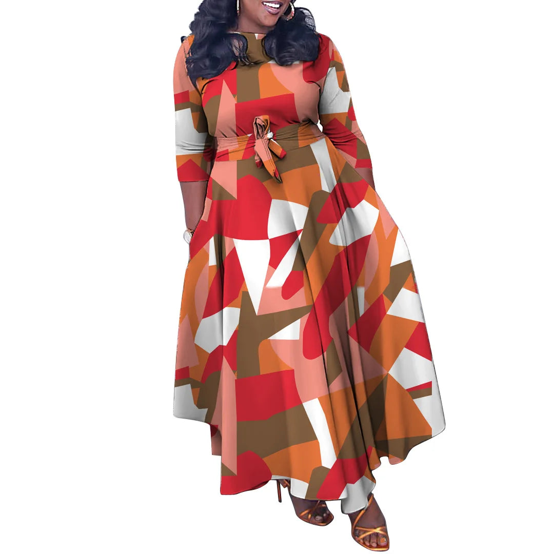 Amay Plus Size Print Elegant Dress Autumn Winter Female Loose Wide Long Robe Women Fashion Casual Cloth Large Size Party Dress