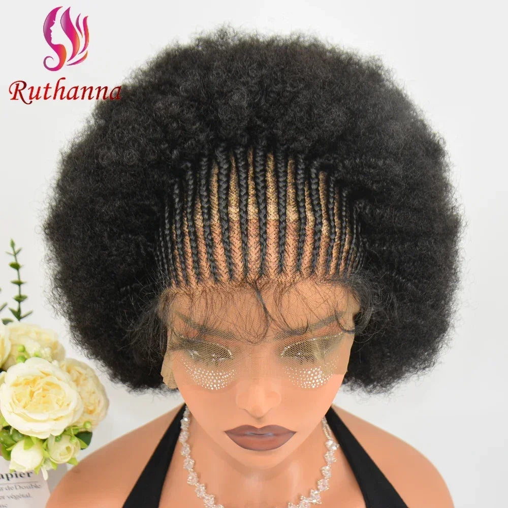 Maxy 250% Density 13x6 Lace Frontal Braided Wig Afro Kinky Curly Synthetic Wig Baby Hair Fluffy Curled Striped Braided Curly wig