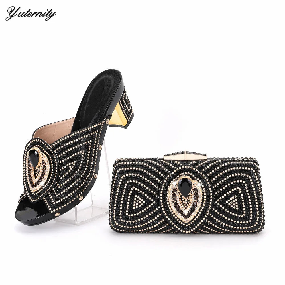 Maxy Style Woman Blue Color Rhinestone Shoes And Bag Set for Party African Fashion High Heels Woman Shoes and Bag Set