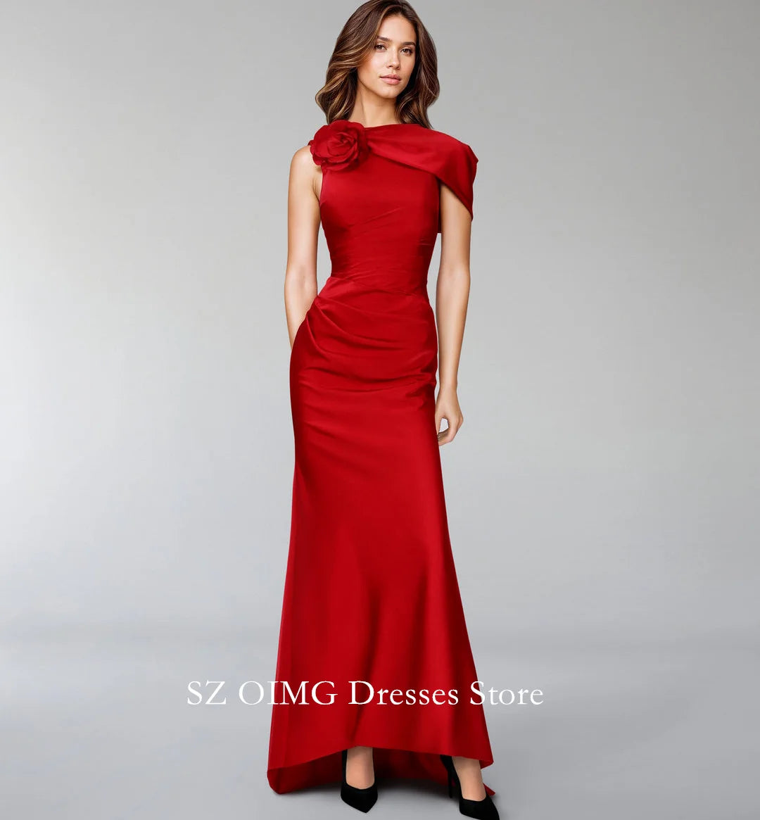 Maxy Satin Classic Red Prom Dresses Sleeveless Dress with Side Capelet and 3D Flowers  Women Evening Gowns Formal Party Dress