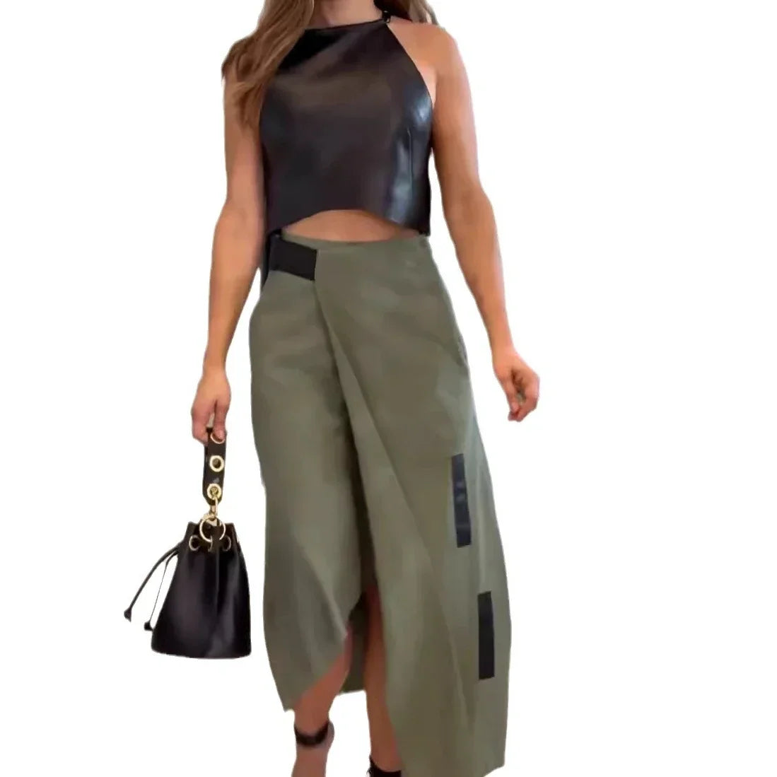 Maxy Elegant Dress Sets Women Striped PU Crop Top Straight Irregular Long Skirt Two Piece Set Tank Top Work Summer Sexy Matching Sets