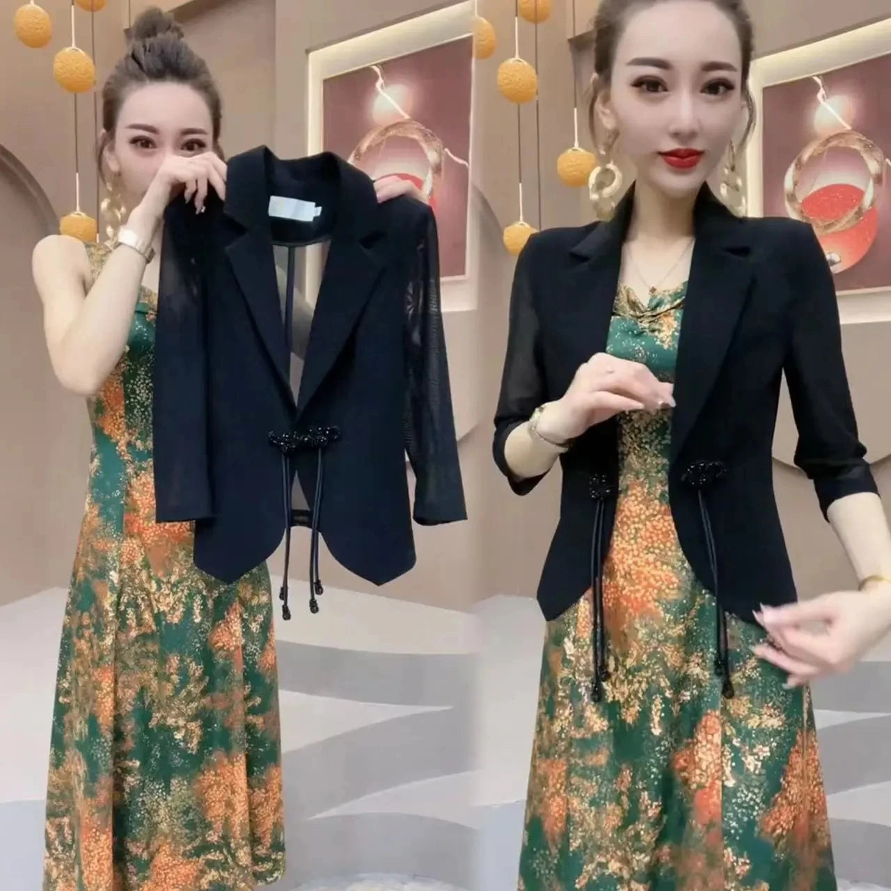 Maxy Popular High-End Brooch Blazer Slip Dress Suit Jacket Women's Summer Fashion Blazer Suit Skirt Two-Piece Set Sling Print Dress