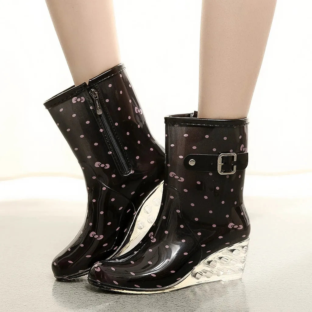 Maxy Punk Low Length Snow Boots Women's Non-Slip Dot Print Transparent Side Zipper Rain Boots Outdoor Wedge High Heels Water Shoes