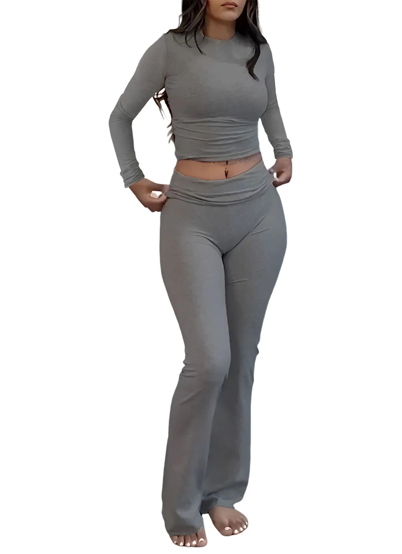 Maxy Casual Workout Two Piece Outfits Long Sleeve High Waist Fold-over Flare Flared Leggings Pants Tracksuit Sets Streetwear