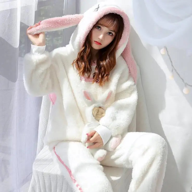 Winter Thick Warm Flannel Pajamas Sets For Women Sleepwear Pajama Homewear Pyjamas Set Cartoon Cute Warm Hooded Rabbit Gowns