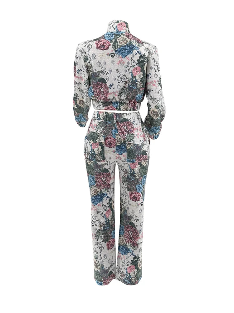 Maxy Street Tracksuit Two Piece Set Women Long Sleeves Zipper Jacket+High Waist Button Floral Print Wide Leg Cargo Pants Women Outfit