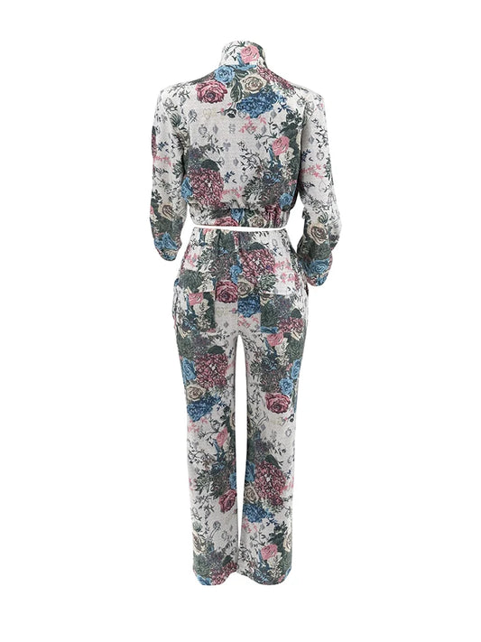 Maxy Street Tracksuit Two Piece Set Women Long Sleeves Zipper Jacket+High Waist Button Floral Print Wide Leg Cargo Pants Women Outfit