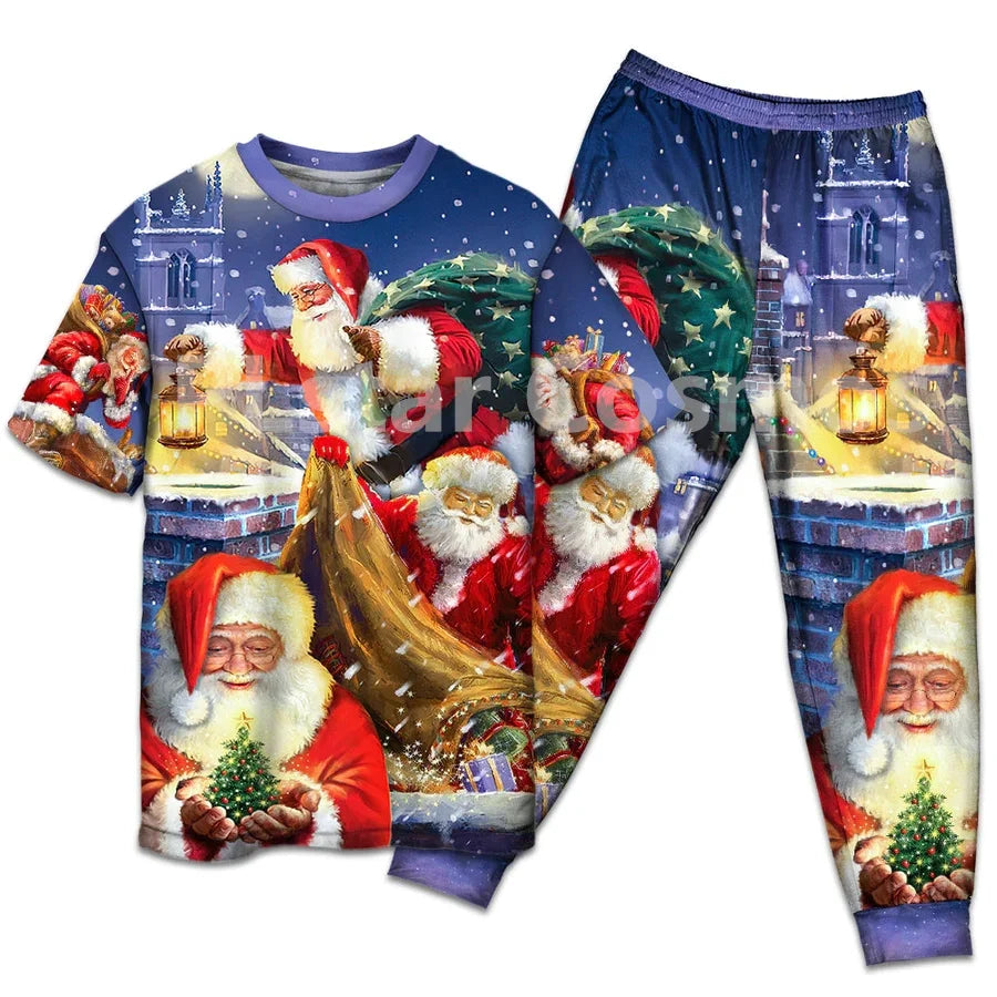 Christmas Funny Santa Claus Up On Rooftop Art Style - Pajamas Short Sleeve 3D All Over Printed Kids Pajamas Cosplay Clothes