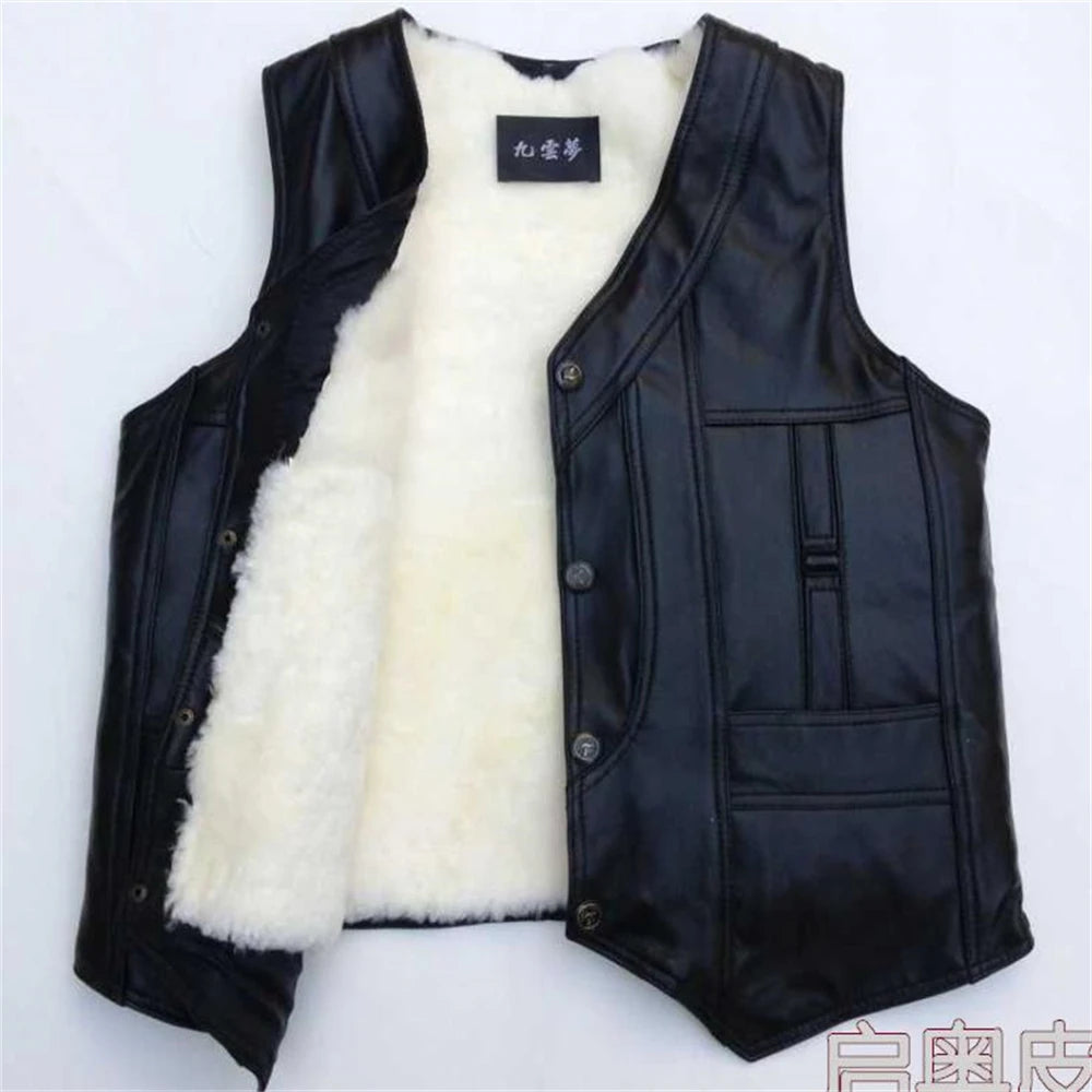 Visco Man Autumn Hot Sale V-neck Black Single Breasted Thick 100% Sheepskin Fur Vest Male Winter Hot Sale Warm Sheepskin Fur Vest