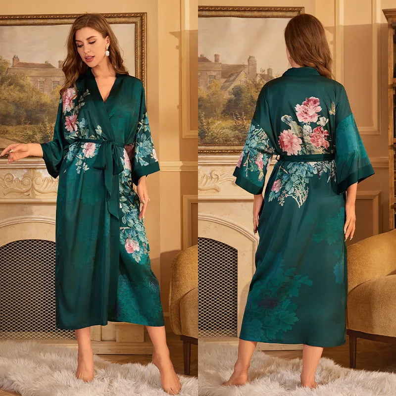 Maxy Japanese Style Half Sleeve Kimono Bathrobe Gown Female Long Robe Nightgown Sleepwear Loose Satin Print Flower Home Dressing Gown