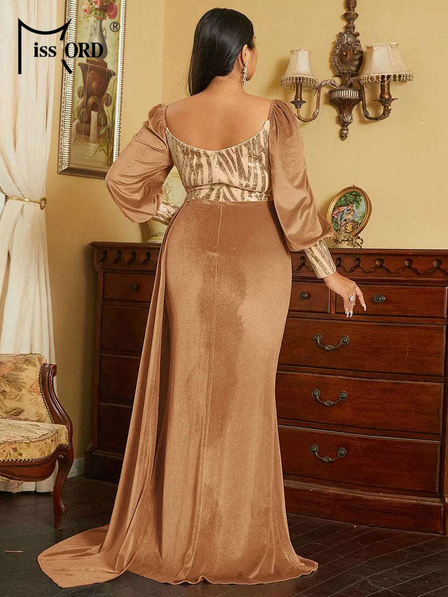 Maxy Plus Size Ribbon Lantern Sleeve Velvet Gold Evening Dress Formal Occasion Dresses