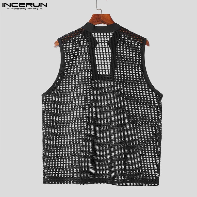 Visco Men Tank Tops Solid Color Stand Collar Sleeveless Hollow Out Male Vests Transparent Streetwear Fashion Men Clothing INCERUN