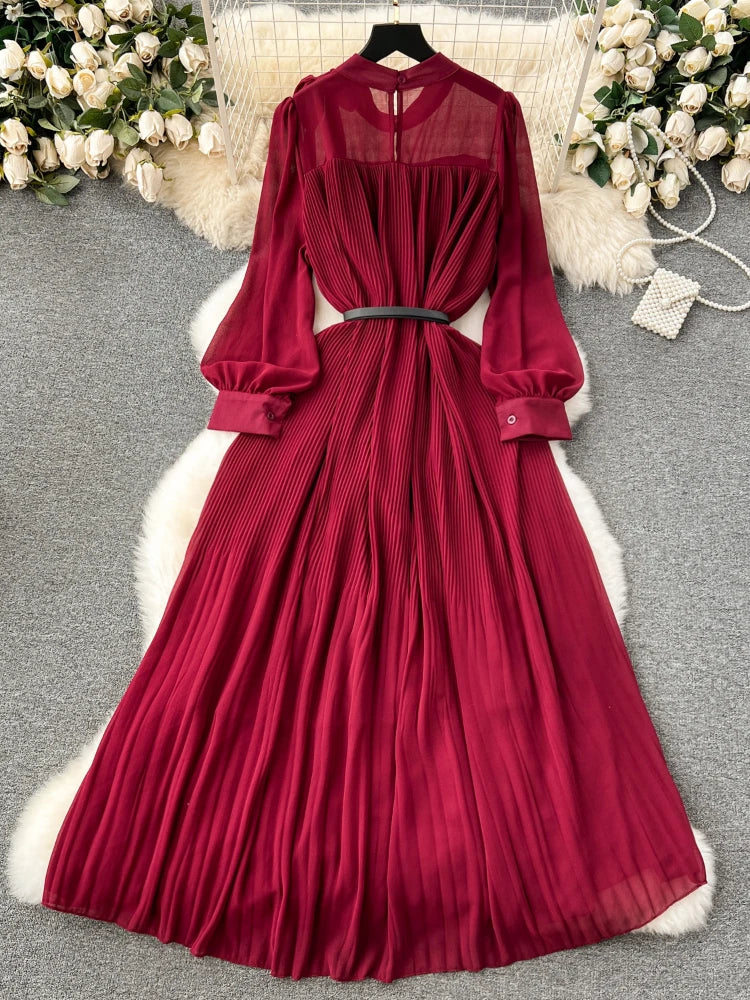 Women Elegant Pleated Long Dress Spring Autumn Sweet Bow Chiffon Dresses Ladies Vintage Bubble Sleeves Casual Long Robe Vestidos