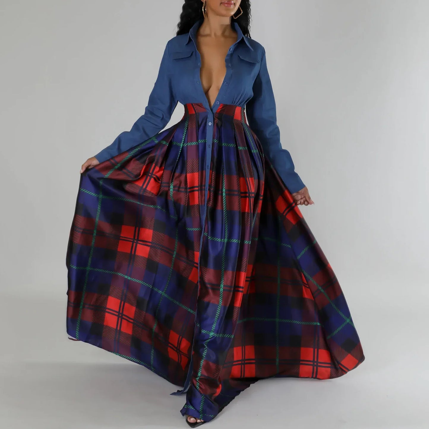 Maxy Plus Size Fashion African Party Dresses for Women Dashiki Ankara Gowns Autumn Elegant Grid Print Splice Turkey Muslim Maxy Dress