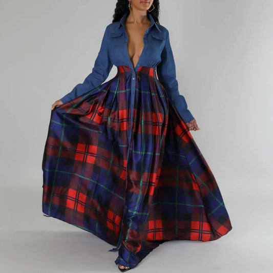 Maxy Plus Size Fashion African Party Dresses for Women Dashiki Ankara Gowns Autumn Elegant Grid Print Splice Turkey Muslim Maxy Dress