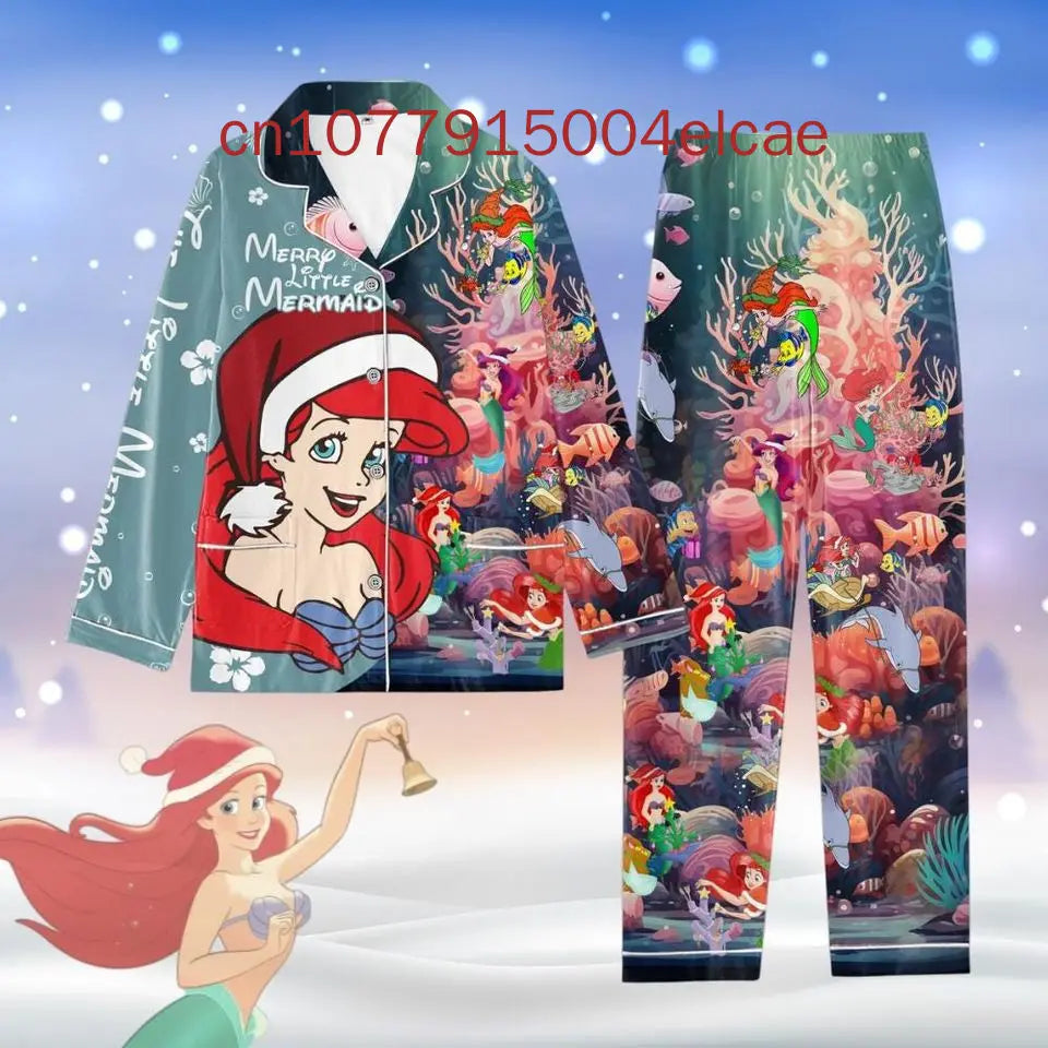 The Little Mermaid Christmas Pajamas Set Disney Princess Ariel Casual Y2K Men's and Women's Long sleeved Shirts Pajamas Set