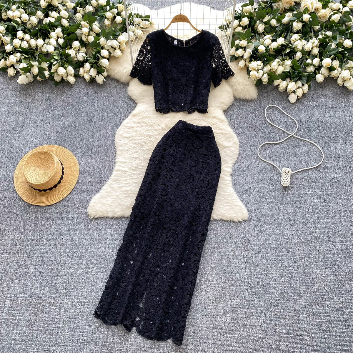 Maxy Sexy Chic Hook flower hollow lace Elegant Korean Fashion Slim Summer vintage Beach dress women clothing