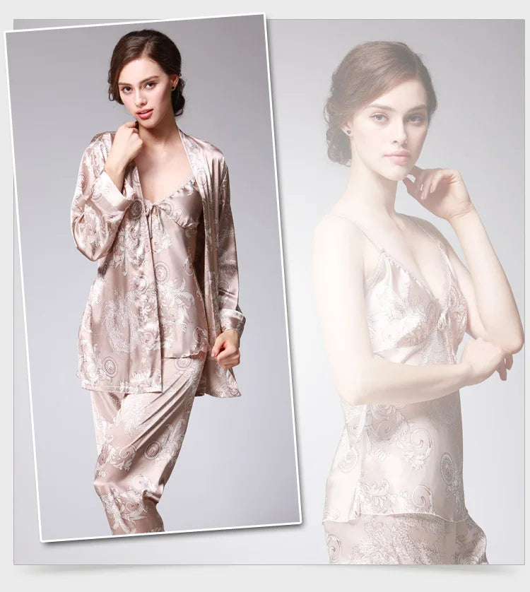 Amay Women's Silk Satin Pajamas Set 3 Pcs Floral Silky Pj Sets Sleepwear Cami Nightwear with Robe and Pant