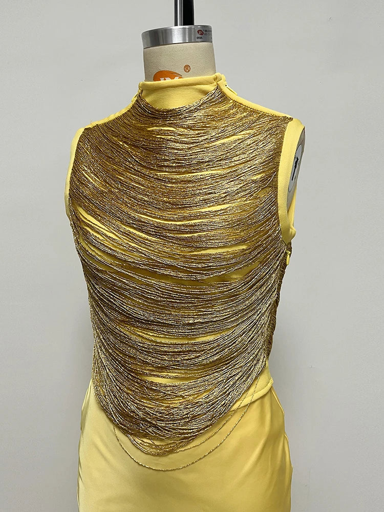 2026 Yellow Two-Piece Evening Gown for Women High Neck Gold Textured Crop Top & Bandage Maxi Skirt Wedding Guest Prom Dress