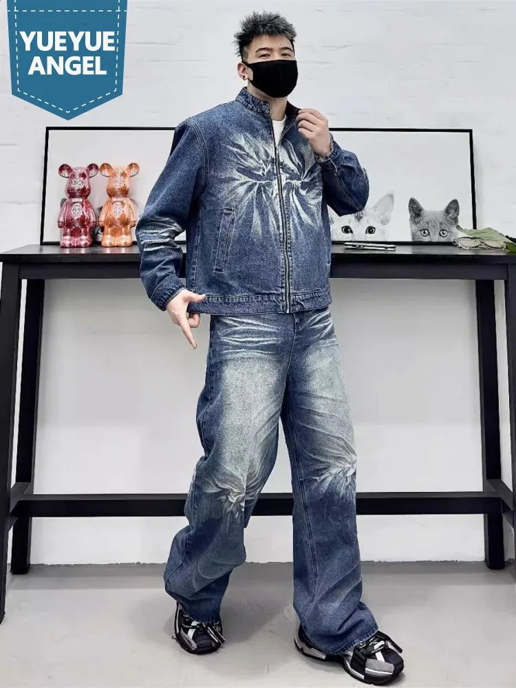 Visco Men's Loose Fit Denim Jacket Jeans Two Piece Set Vintage Distressed Cowboy Outfits Spring Fashion Casual Stretwear Matching Sets