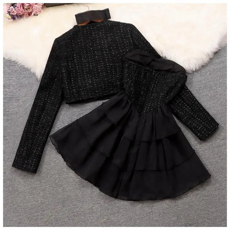 Maxy Women Elegant Tweed Suit Bow Jacket Coat Crop Top And Mesh Brosseau Dress Two Piece Set Matching Outfit Evening Party Clothing