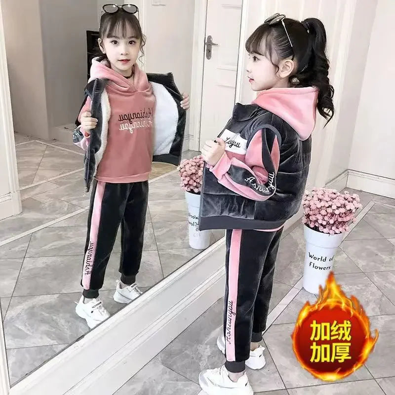 Maxy 2024 winter girls tracksuit Autumn Toddler Teenager Clothes velvet jacket vest + hooded + strip Pant Children Kids 8 10 12 year