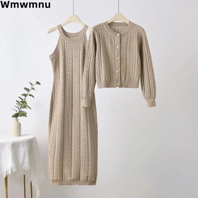 Maxy Knitted Fall Winter Warm Women 2 Piece Sets O-neck Single Breasted Cardigan Coats Tops Conjunto Korea Sleeveless Dresses Outfit