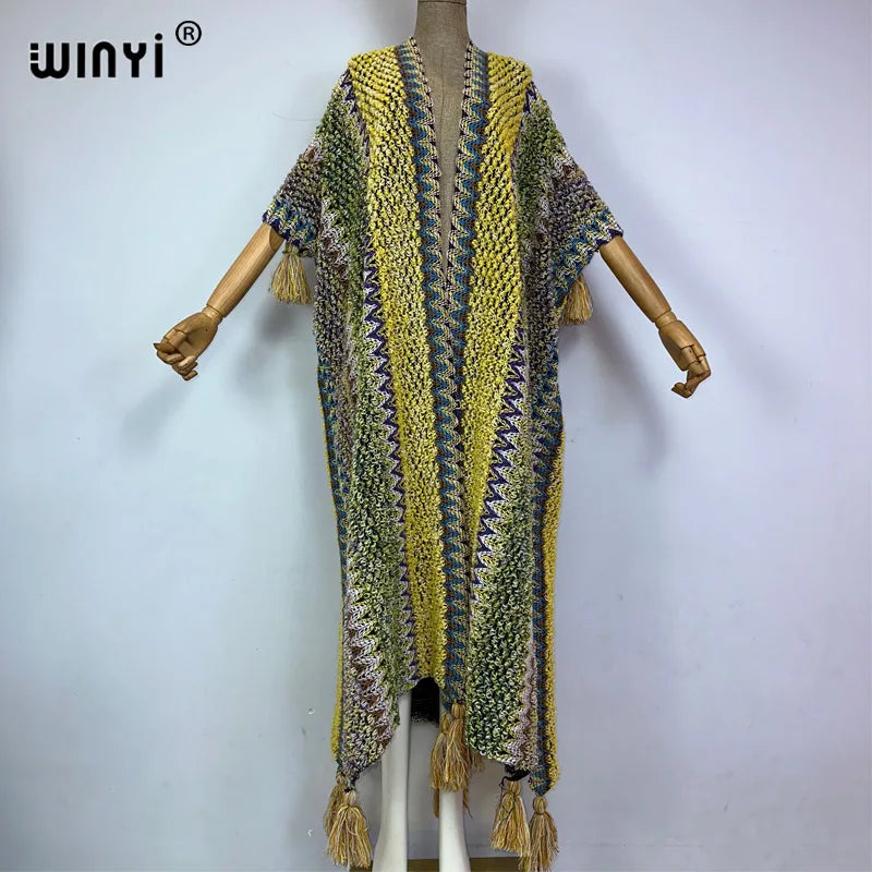 WINYI woman Winter tassel Knitted cardigan print coat Loose Christmas Africa Fashion hipster party dress Thick Warm Female cloke