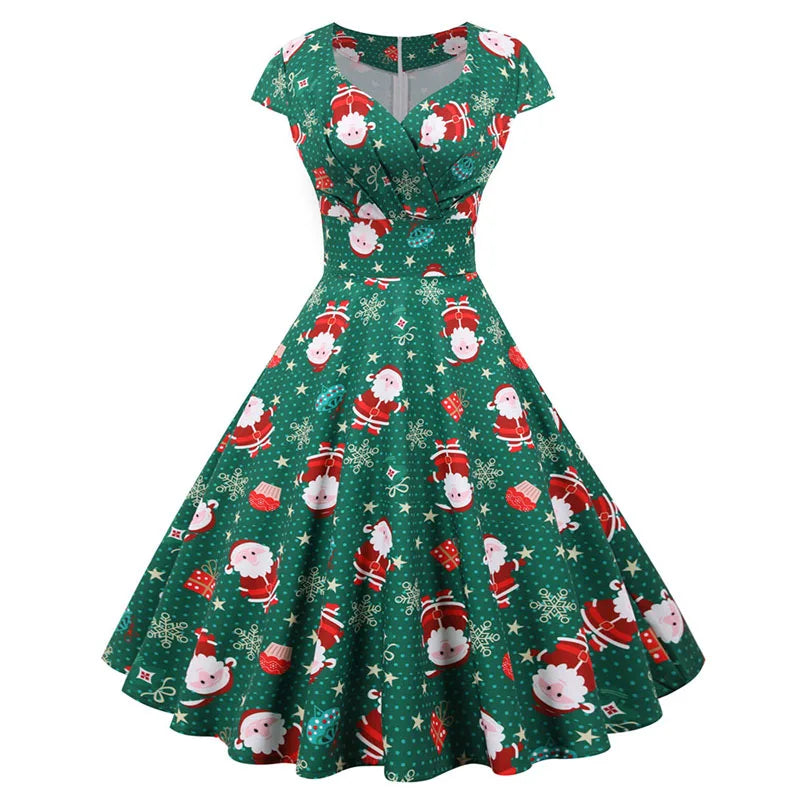 Women Christmas Party Dress  Short Sleeve V Neck Elegant Vintage Print Xmas New Year Prom Sundress  3XL Robe
