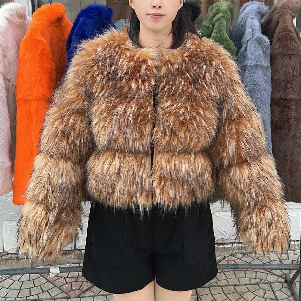 Maxy Faux Fur Coat Women's Jacket Winter Fashion Warm Thick Fox Raccoon Leather Brown Plus Size Especially Fake Fur Cold Coat