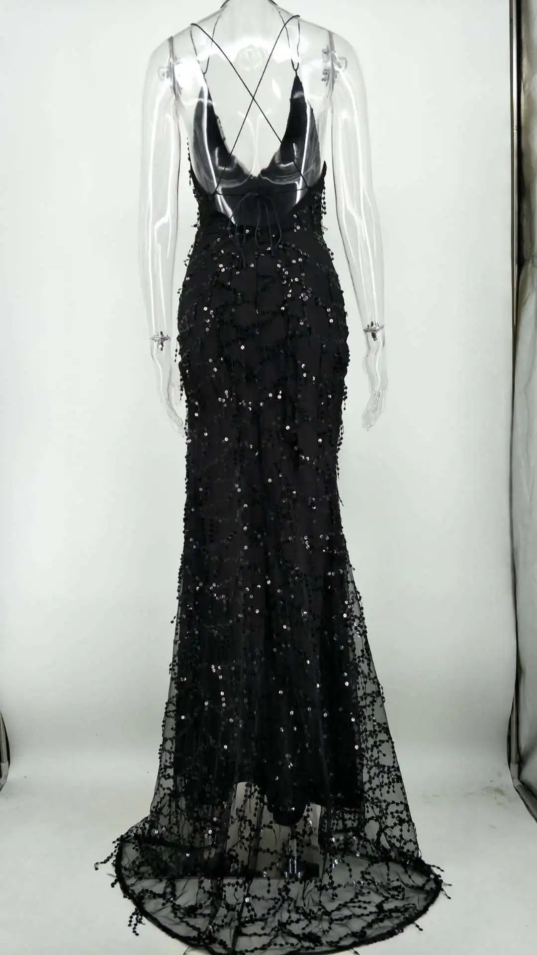 Amay Women Sequin Deep V-neck Party Dresses High Split Spaghetti Strap Long Gowns Women Evening Dress Prom