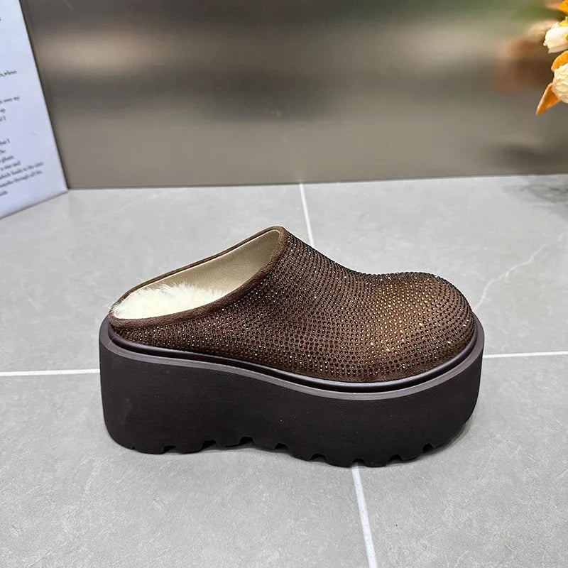 Babs Rhinestone Short Plush Women Mules Slippers Casual Cover Toe Ladies Comfort Outdoor Platform Flats House Cotton Shoes