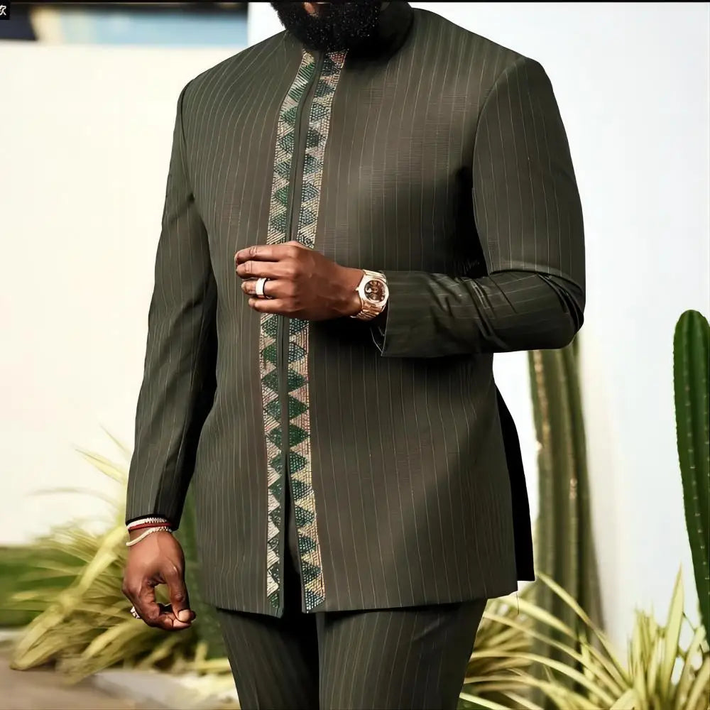 Maxy New African Traditional Men's Set Round Neck Long Sleeve Yellow Luxury Two Piece Dashiki Wedding Party Festival Men's Suit