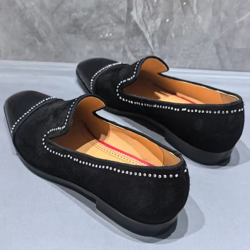 Visco High Quality Black Suede Loafers Man Rhinestone Shoes Fashion Leather Dress Shoes Men Slip On Party And Wedding Shoes