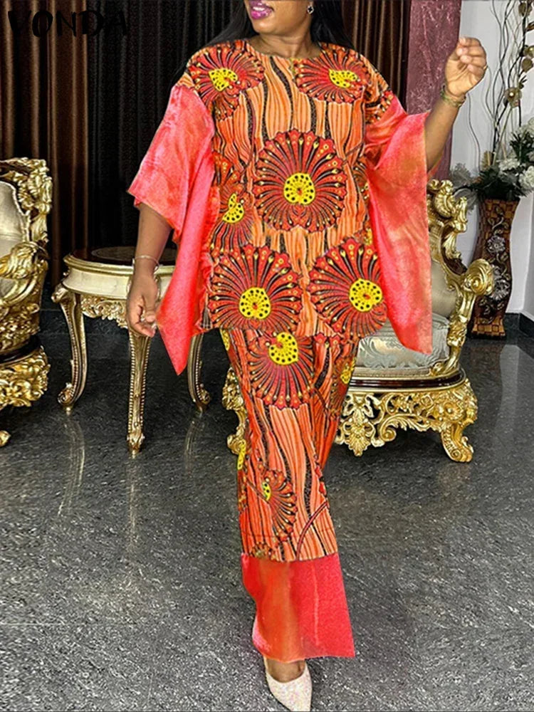 Maxy Women Summer Dress Sets Vintage Patchwork Bat Sleeve Tops Bohemian Suits Printed Long Skirts Matching Sets