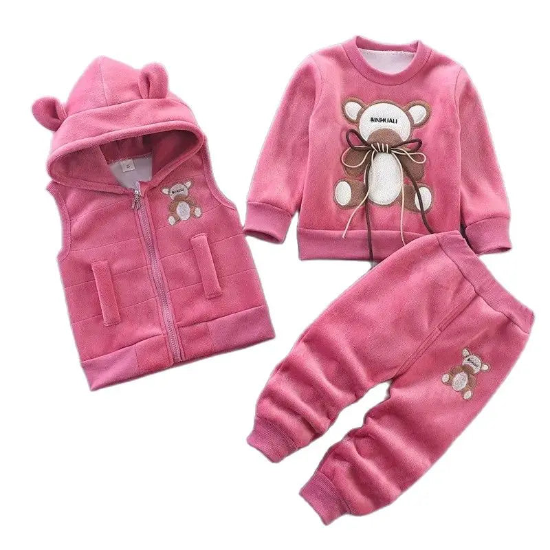 Winter Warm Velvet Plush Hooded Vest+Sweater+Pants 3Pcs Suit Cartoon Bear Kids Toddler Set Boys Girls Autumn Casual Clothes New